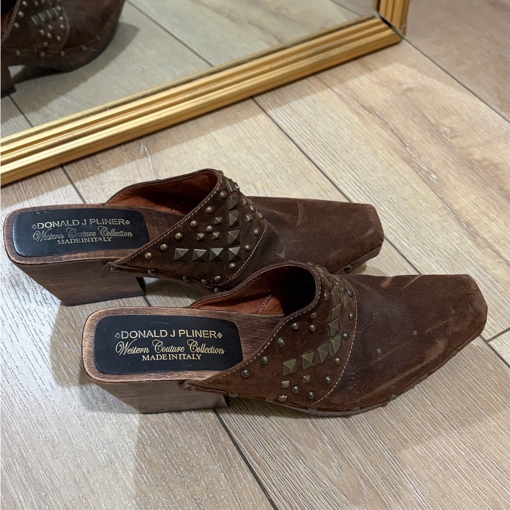 Donald J. Pliner Brown Studded Suede Mules